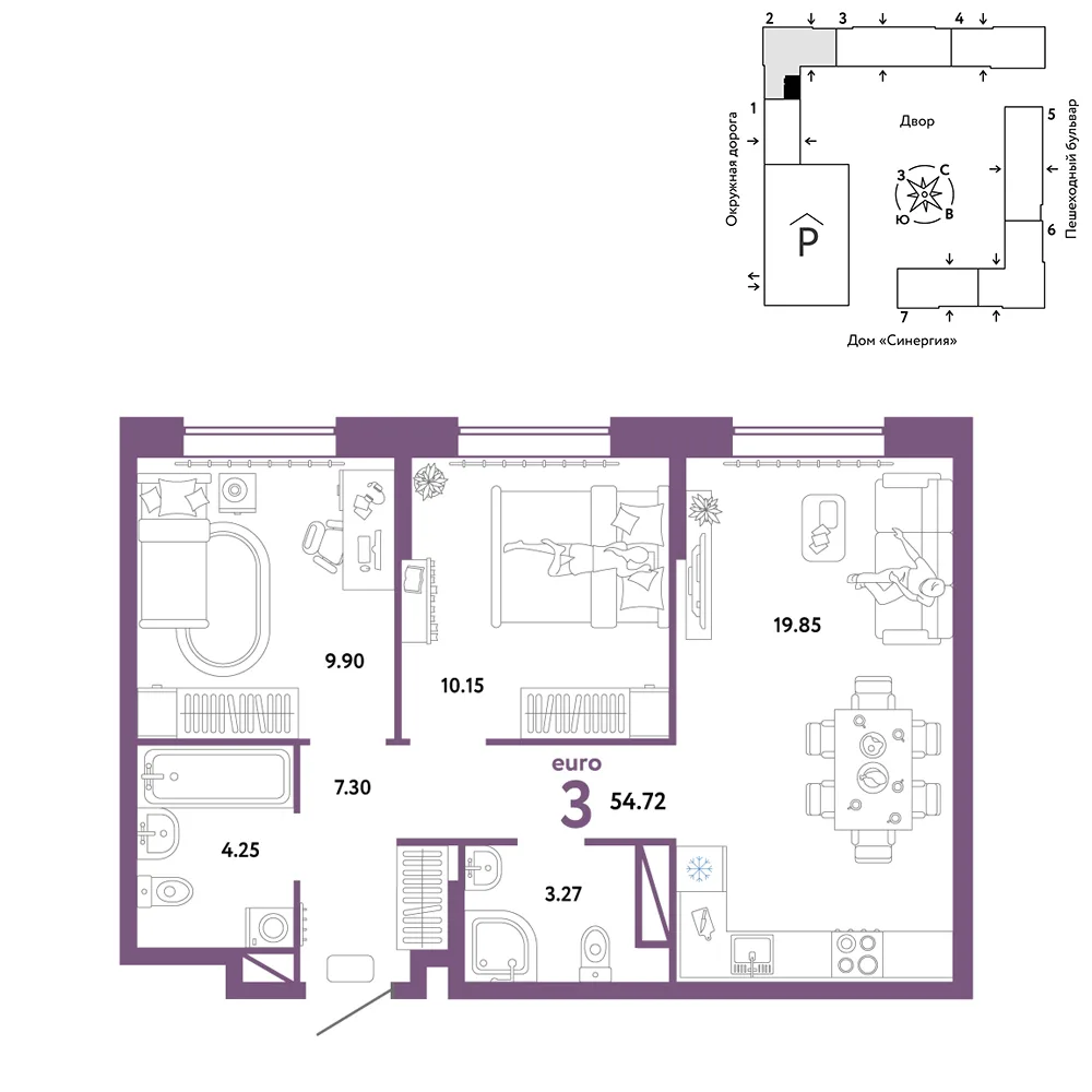 Планировка 3-комн. квартира, 54.72 м² ЖК «Юнион»