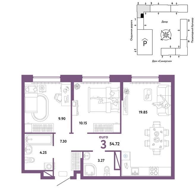Планировка 3-комн. квартира, 54.72 м² ЖК «Юнион» Планировка 3-комн. квартира, 54.72 м² ЖК «Юнион»