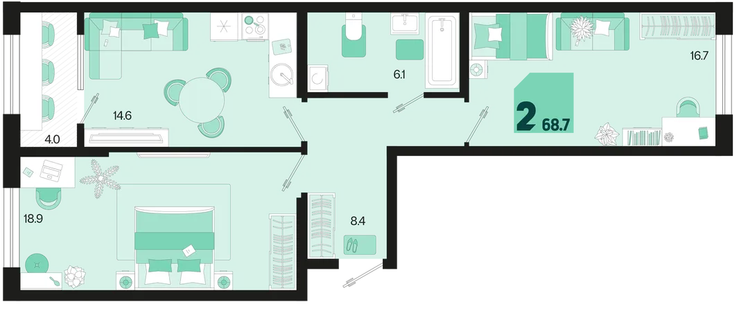 Планировка 2-комн. квартира, 68.7 м² ЖК «Первое место»