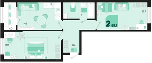 Планировка 2-комн. квартира, 68.7 м² ЖК «Первое место»