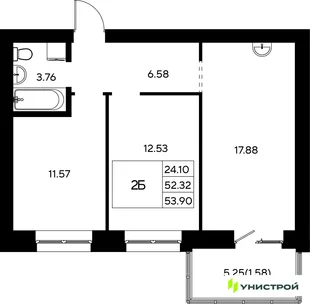 Планировка 2-комн. квартира, 53.9 м² ЖК «Царёво City»