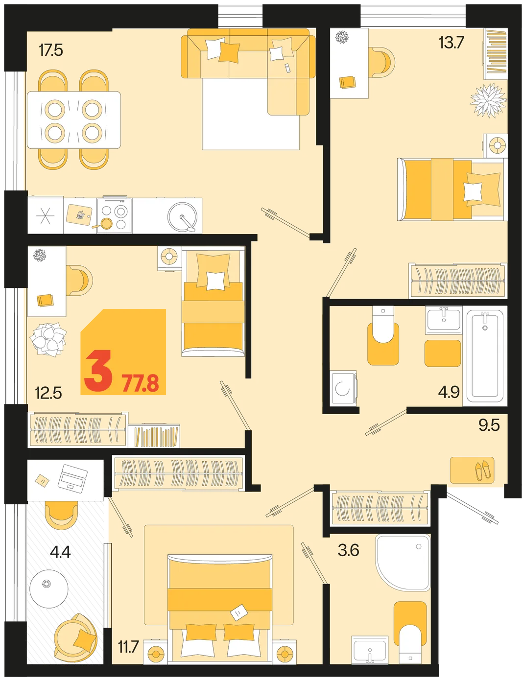 Планировка 3-комн. квартира, 77.8 м² ЖК «Первое место»