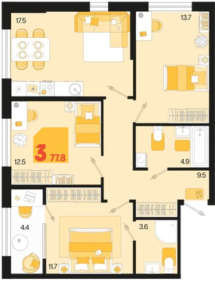 Планировка 3-комн. квартира, 77.8 м² ЖК «Первое место»