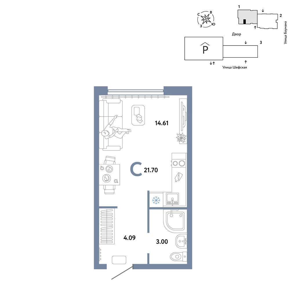 Планировка Студия, 21.7 м² ЖК «Страна.Энтузиастов»