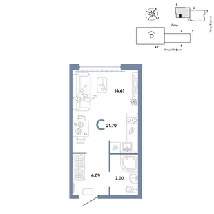 Планировка Студия, 21.7 м² ЖК «Страна.Энтузиастов»