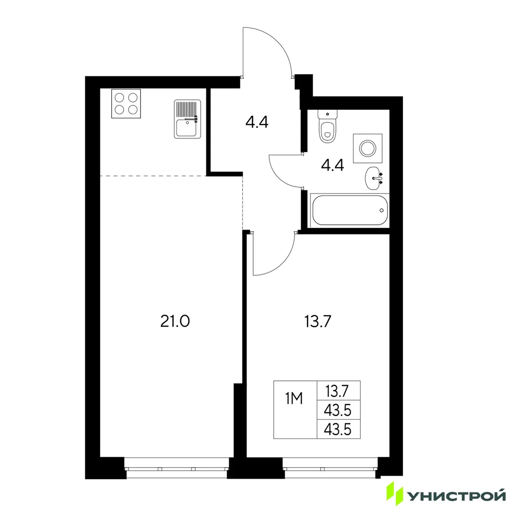 Планировка 1-комн. квартира, 43.5 м² ЖК «Стадиум»