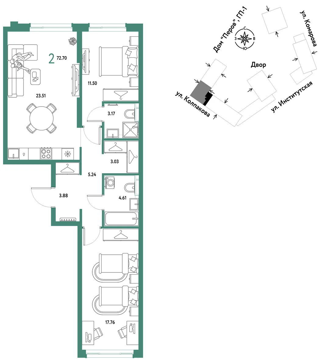 Планировка 2-комн. квартира, 72.7 м² ЖК «Страна.Парковая»