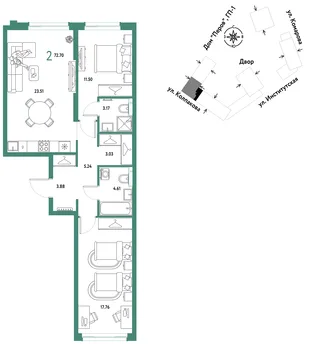 Планировка 2-комн. квартира, 72.7 м² ЖК «Страна.Парковая»