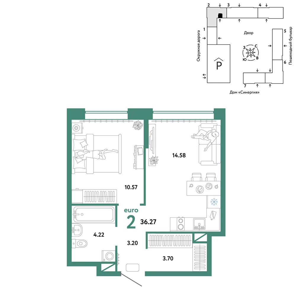 Планировка 2-комн. квартира, 36.27 м² ЖК «Юнион»