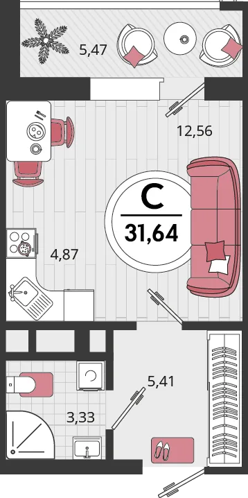 Планировка 1-комн. квартира, 31.64 м² ЖК «Родные просторы»