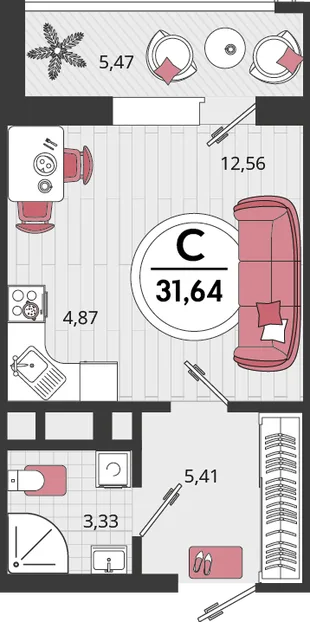 Планировка 1-комн. квартира, 31.64 м² ЖК «Родные просторы»