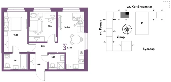 Планировка 3-комн. квартира, 53.19 м² ЖК «Уральский сад» Планировка 3-комн. квартира, 53.19 м² ЖК «Уральский сад»