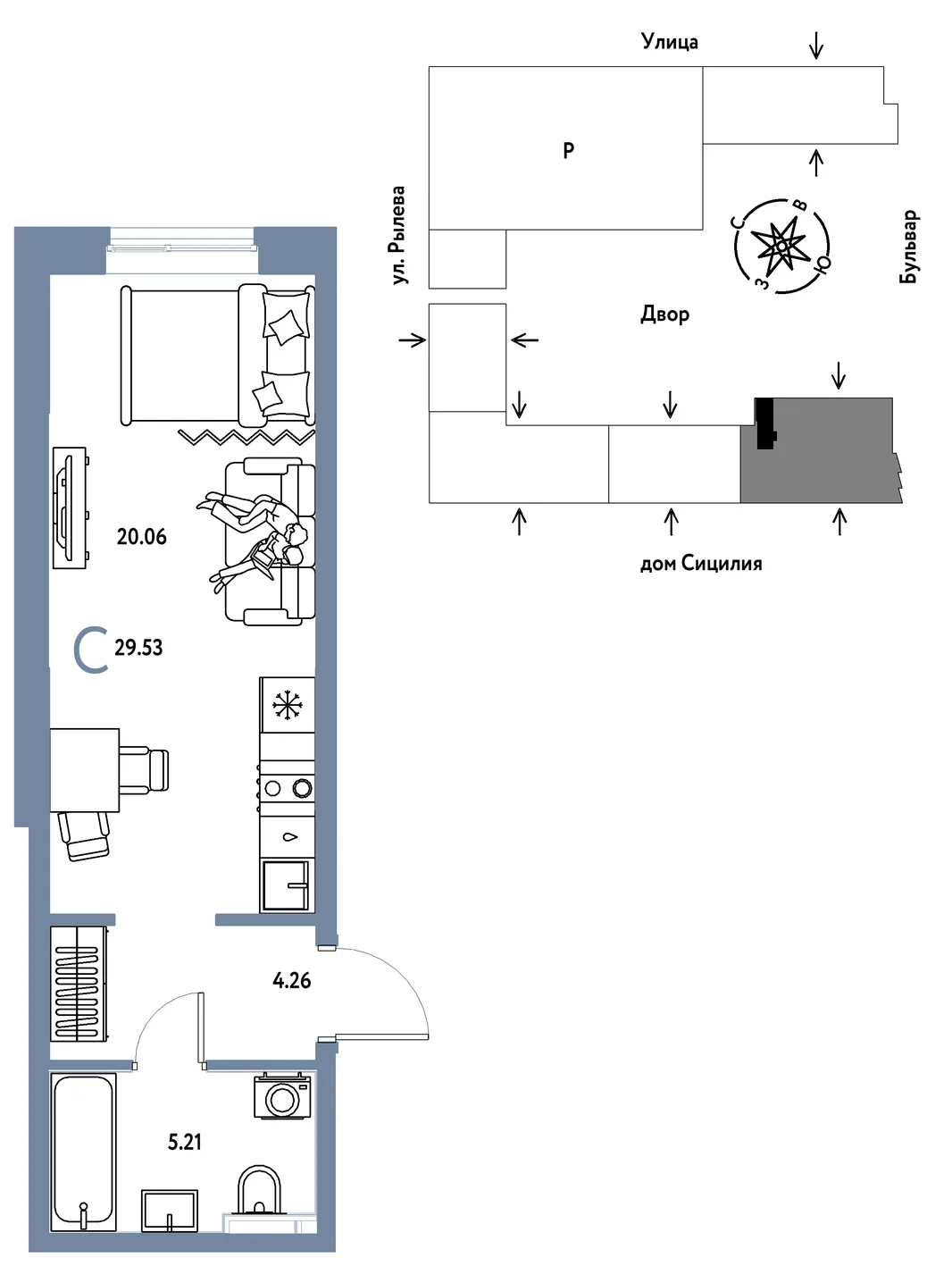 Планировка Студия, 29.53 м² ЖК «Остров-сад»