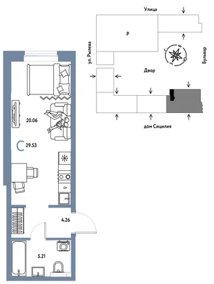 Планировка Студия, 29.53 м² ЖК «Остров-сад»