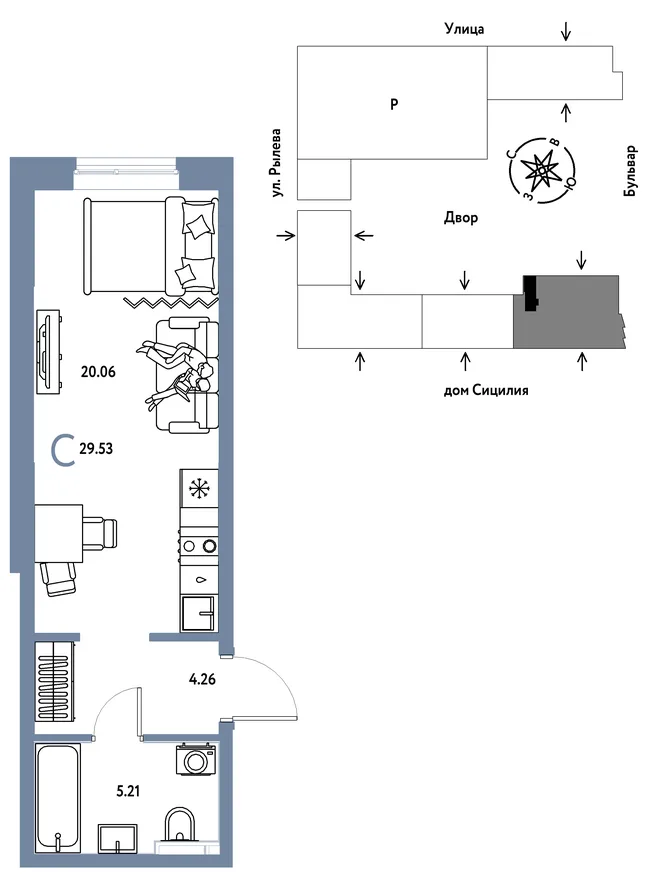 Планировка Студия, 29.53 м² ЖК «Остров-сад» Планировка Студия, 29.53 м² ЖК «Остров-сад»