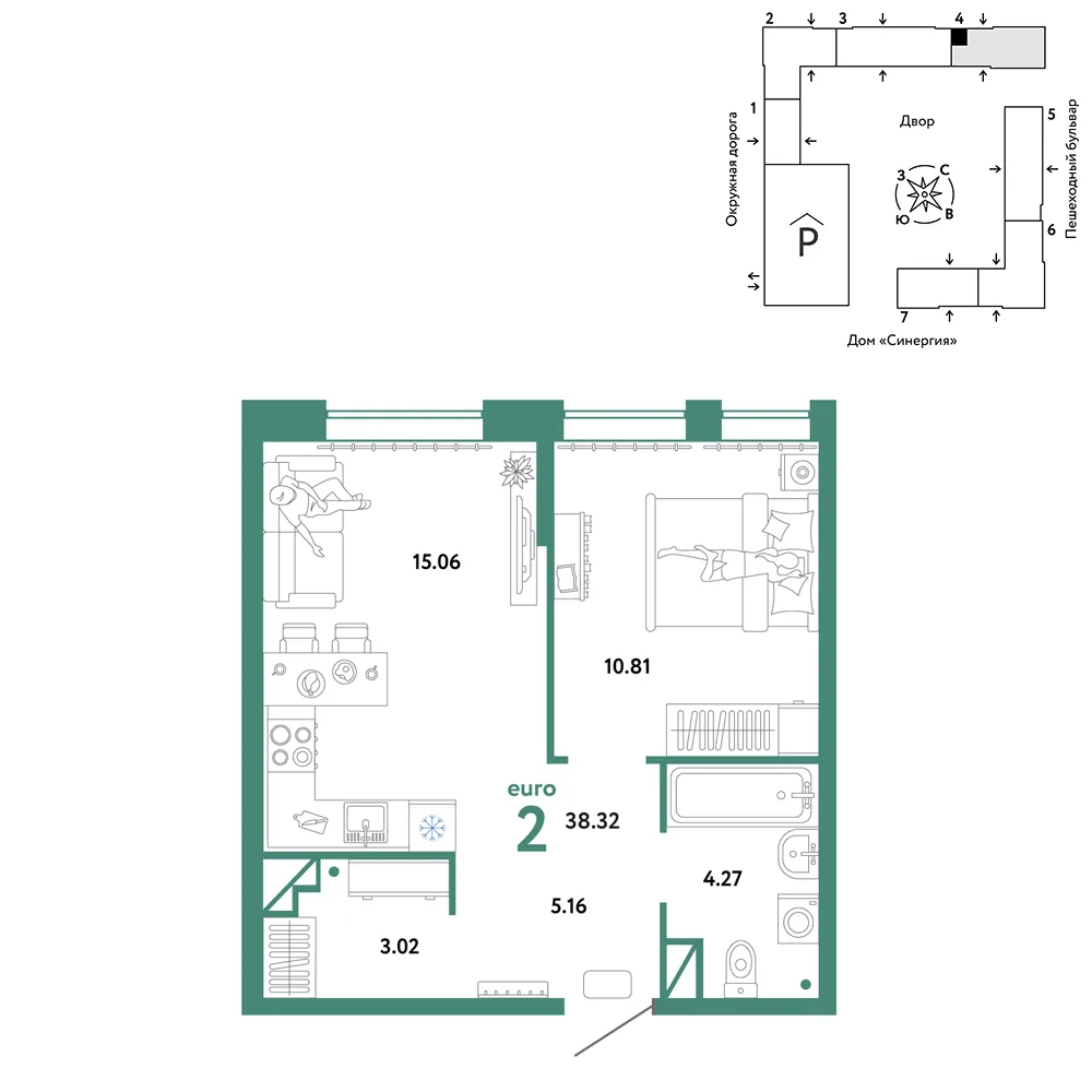 Планировка 2-комн. квартира, 38.32 м² ЖК «Юнион»