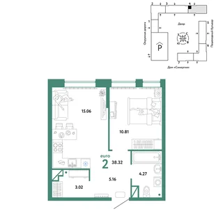 Планировка 2-комн. квартира, 38.32 м² ЖК «Юнион»