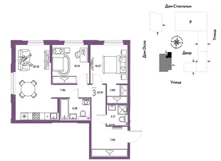Планировка 3-комн. квартира, 67.01 м² ЖК «Европейский берег 2.0»