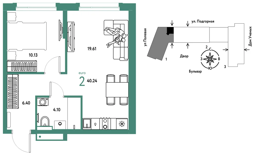 Планировка 2-комн. квартира, 40.24 м² ЖК «Авторский»