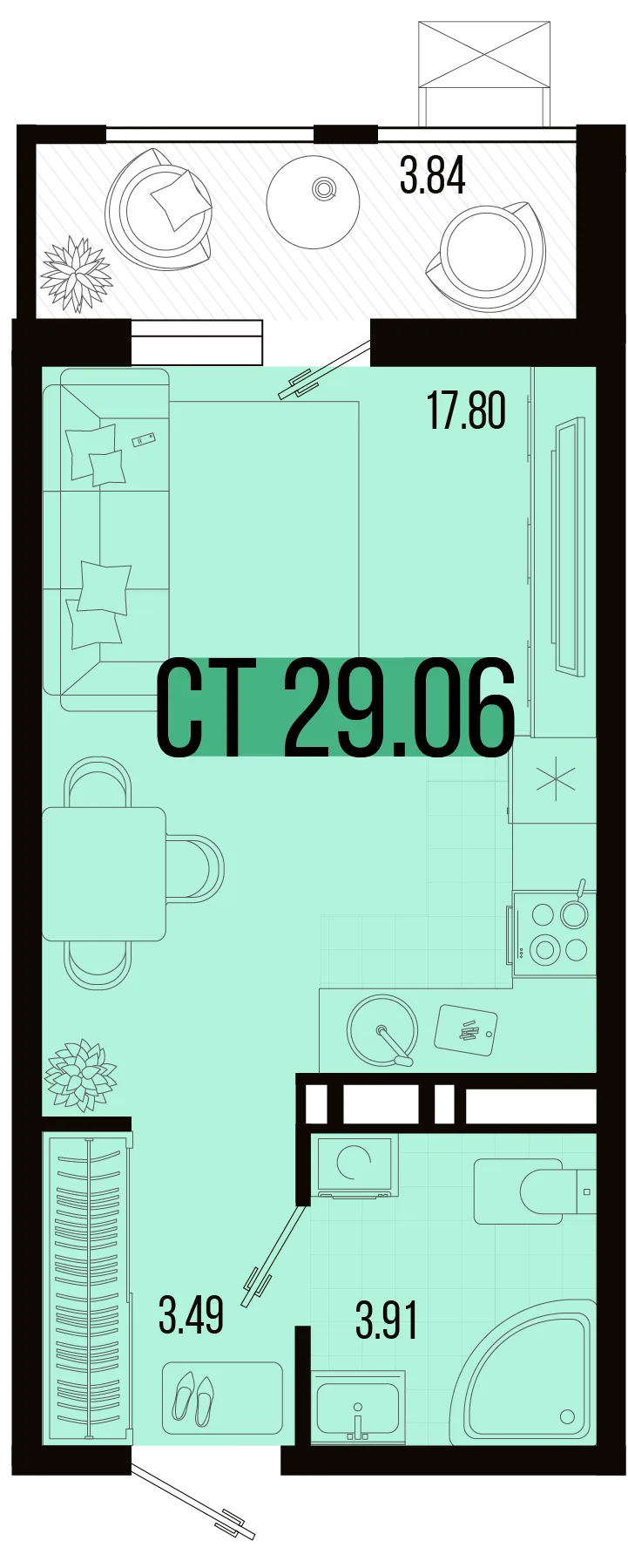 Планировка Студия, 27.14 м² ЖК «Цветной бульвар»
