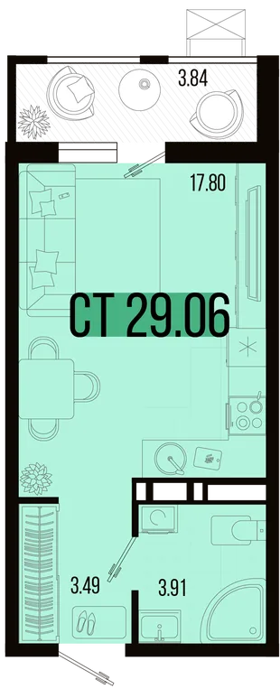 Планировка Студия, 27.14 м² ЖК «Цветной бульвар»