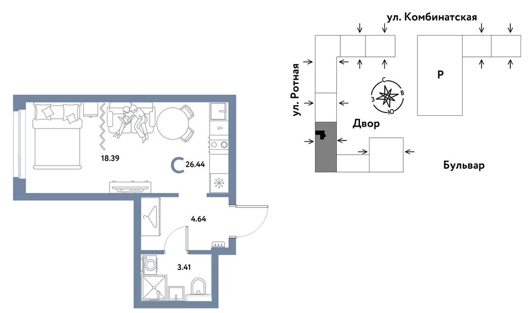 Планировка Студия, 26.34 м² ЖК «Уральский сад»