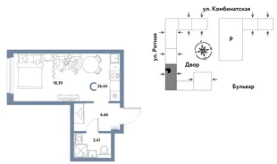 Планировка Студия, 26.34 м² ЖК «Уральский сад»