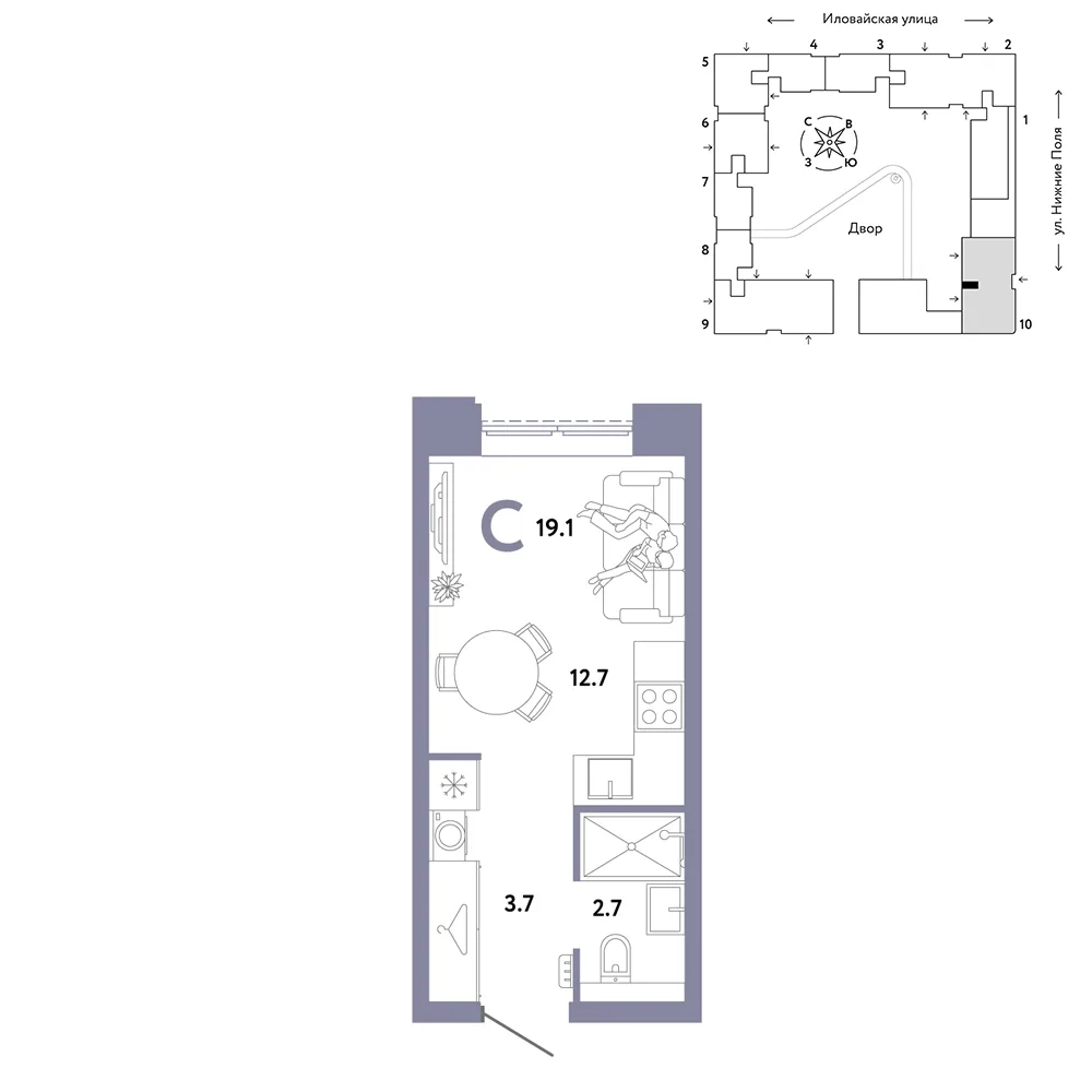Планировка Студия, 19.1 м² ЖК «Страна.Заречная»