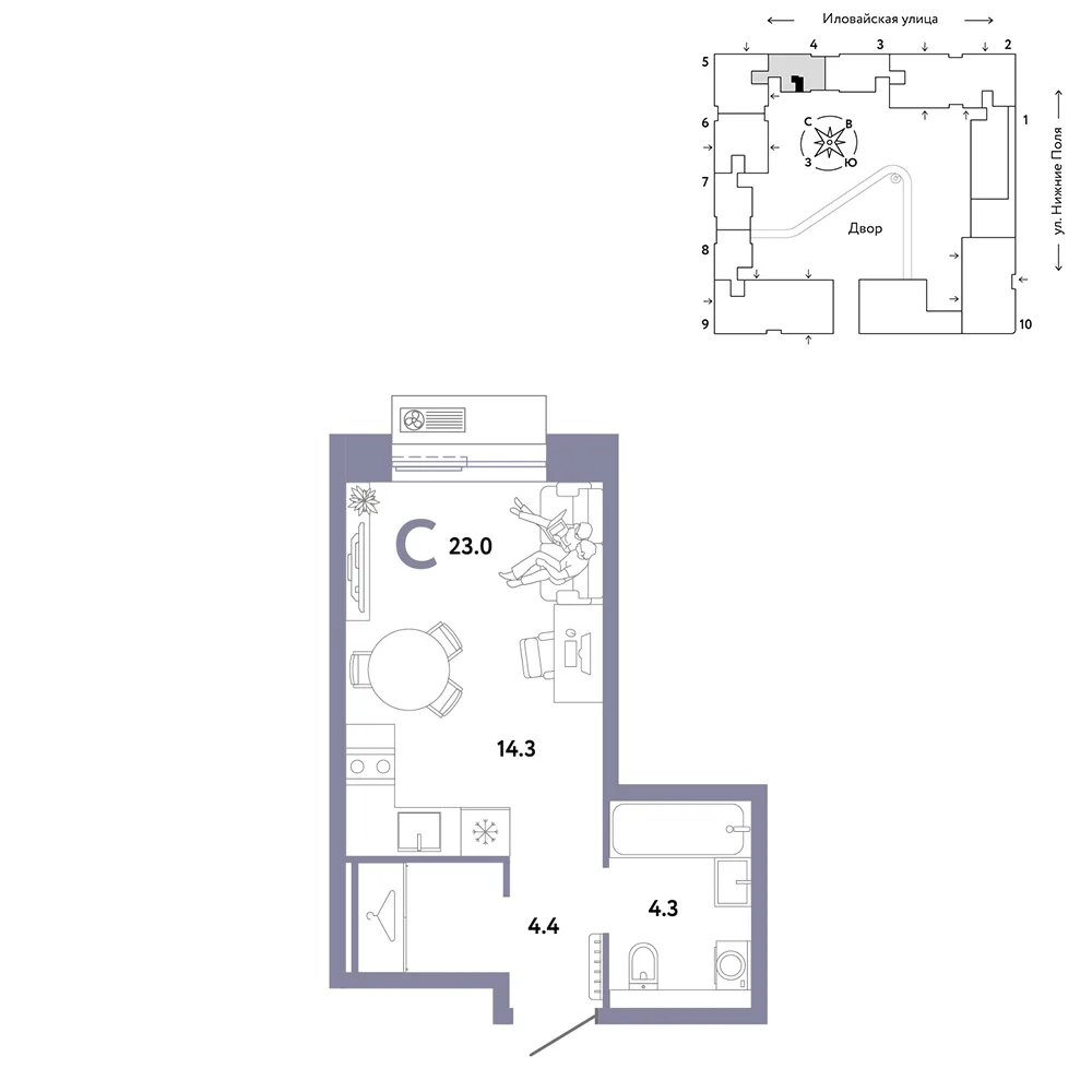 Планировка Студия, 23 м² ЖК «Страна.Заречная»