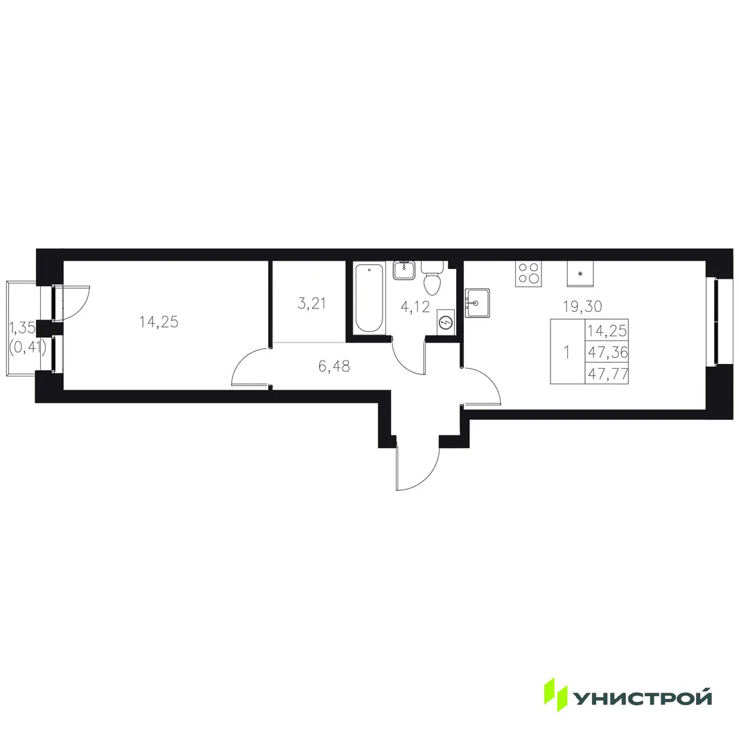 Планировка 1-комн. квартира, 47.77 м² ЖК «Statum»