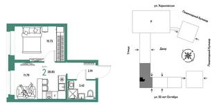 Планировка 2-комн. квартира, 28.85 м² ЖК «Сердце Сибири»