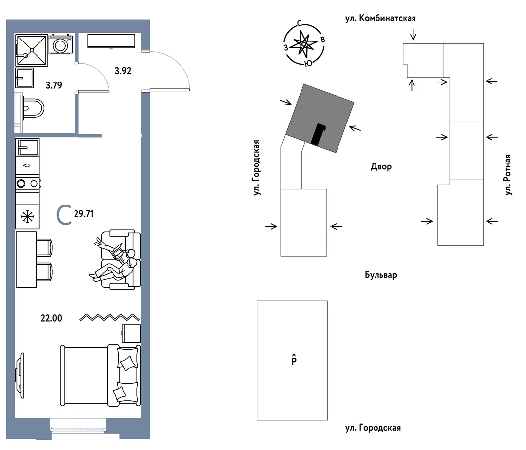Планировка Студия, 29.71 м² ЖК «Уральский сад»