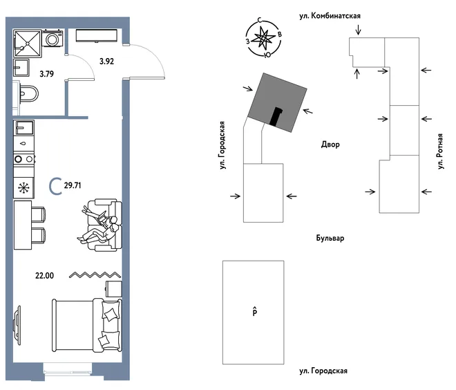 Планировка Студия, 29.71 м² ЖК «Уральский сад»