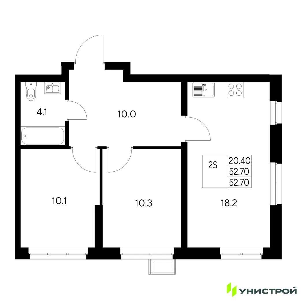 Планировка 2-комн. квартира, 52.7 м² ЖК «Стадиум»