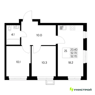 Планировка 2-комн. квартира, 52.7 м² ЖК «Стадиум»