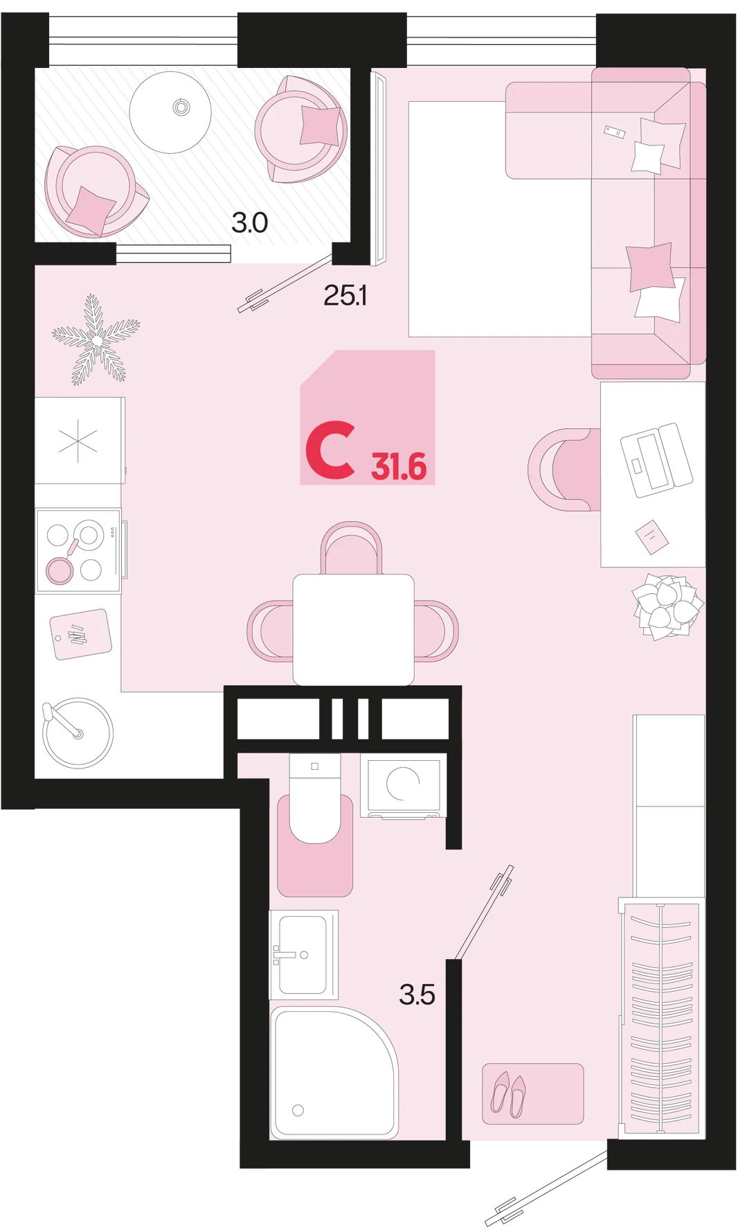 Планировка Студия, 31.6 м² ЖК «Первое место»