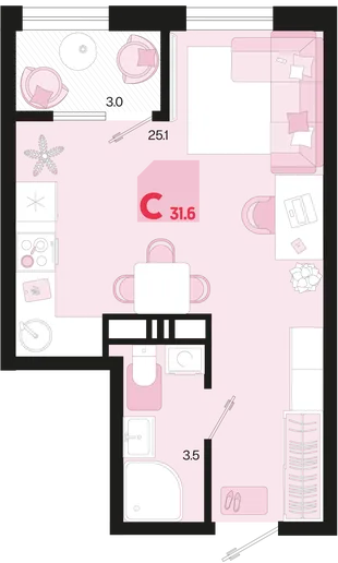Планировка Студия, 31.6 м² ЖК «Первое место»