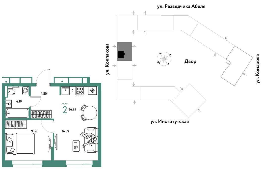 Планировка 2-комн. квартира, 34.95 м² ЖК «Страна.Парковая»
