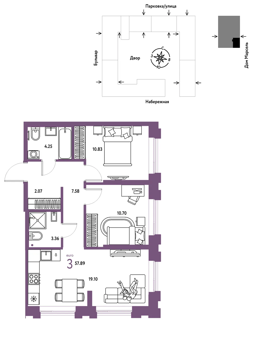 Планировка 3-комн. квартира, 57.89 м² ЖК «Европейский берег 2.0»