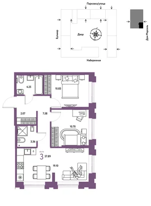 Планировка 3-комн. квартира, 57.89 м² ЖК «Европейский берег 2.0»