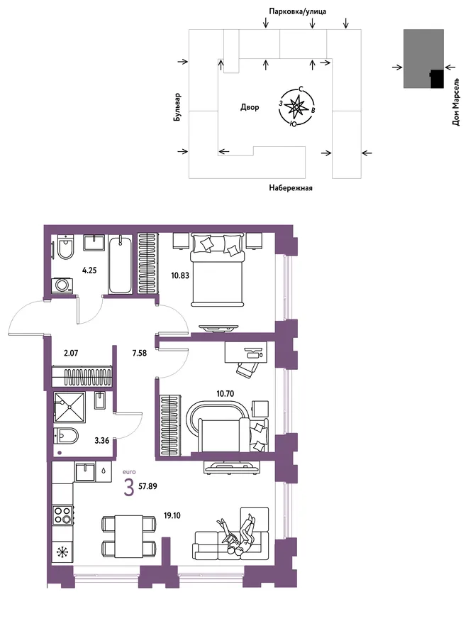 Планировка 3-комн. квартира, 57.89 м² ЖК «Европейский берег 2.0» Планировка 3-комн. квартира, 57.89 м² ЖК «Европейский берег 2.0»