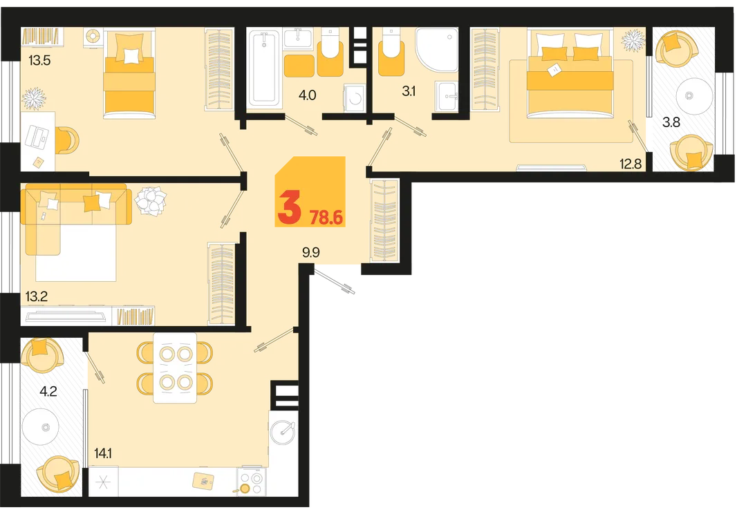 Планировка 3-комн. квартира, 78.6 м² ЖК «Первое место»