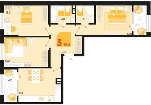 Планировка 3-комн. квартира, 78.6 м² ЖК «Первое место»