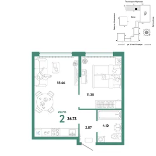 Планировка 2-комн. квартира, 36.73 м² ЖК «Сердце Сибири»