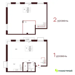 Планировка 1-комн. квартира, 87.72 м² ЖК «Лисино»