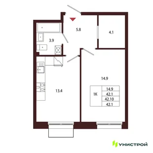 Планировка 1-комн. квартира, 42.1 м² ЖК «Лисино»