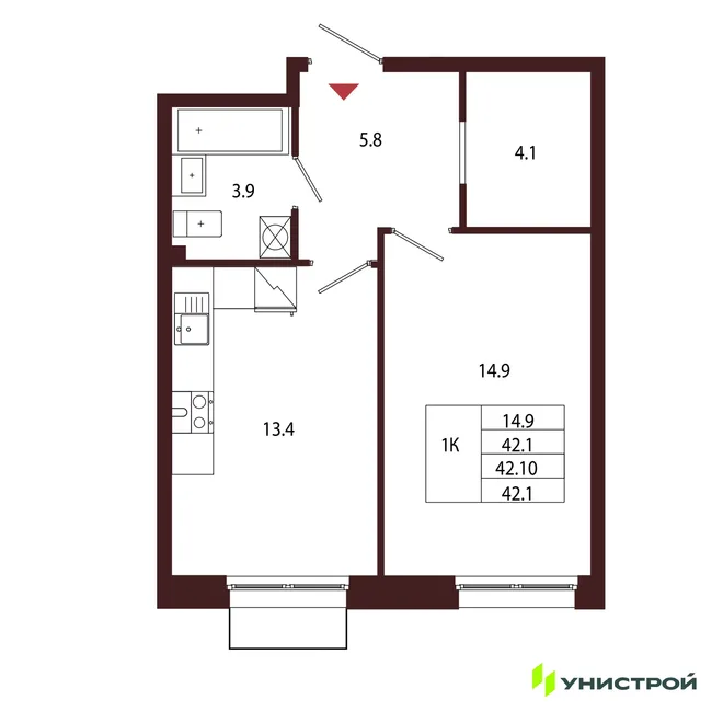 Планировка 1-комн. квартира, 42.1 м² ЖК «Лисино» Планировка 1-комн. квартира, 42.1 м² ЖК «Лисино»