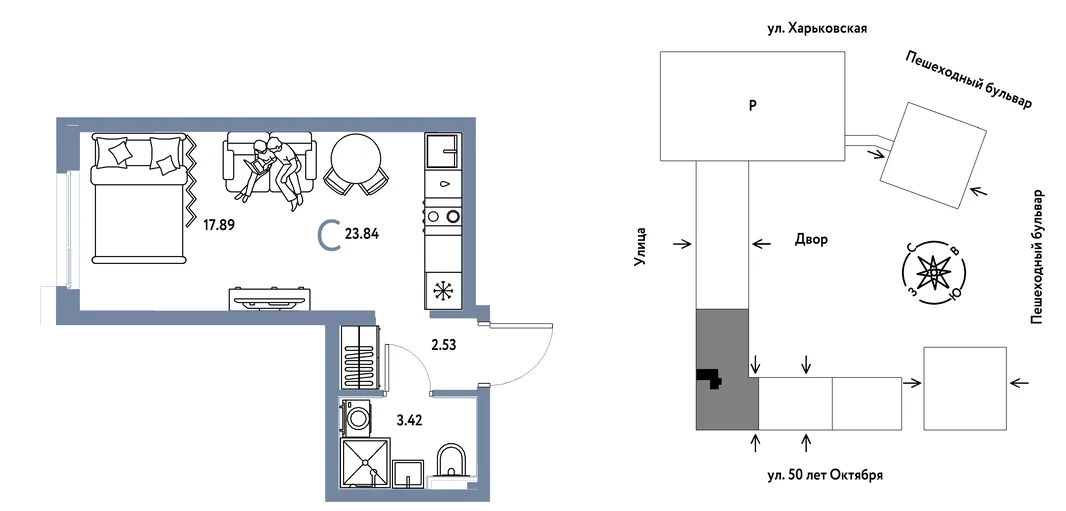 Планировка Студия, 23.84 м² ЖК «Сердце Сибири»