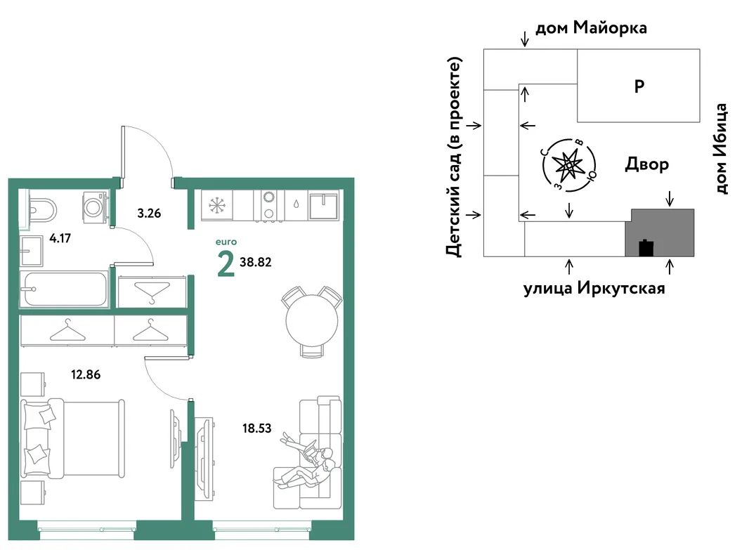 Планировка 2-комн. квартира, 38.82 м² ЖК «Остров-сад»