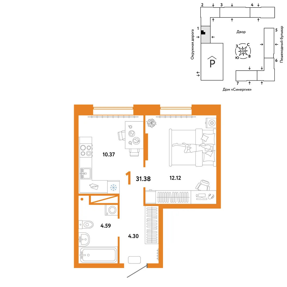 Планировка 1-комн. квартира, 31.38 м² ЖК «Юнион»